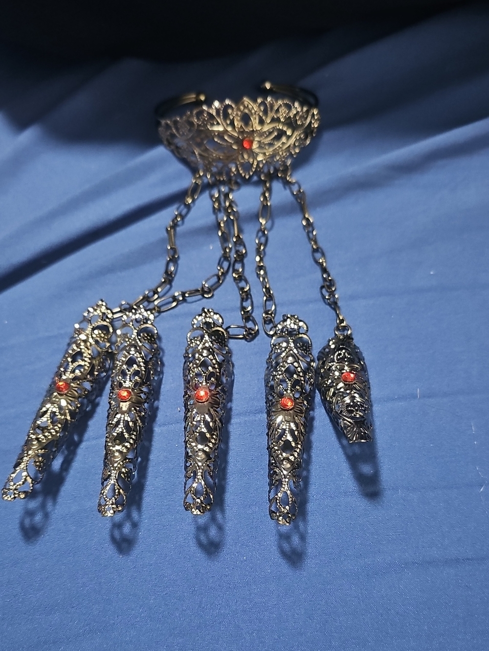 Ornate Black Filigree Hand Chain with Red Accent